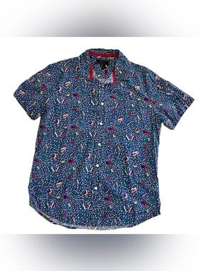 21 Men Blue Short Sleeve Button-Down Shirt with 90s Multicolor Print US Men's M